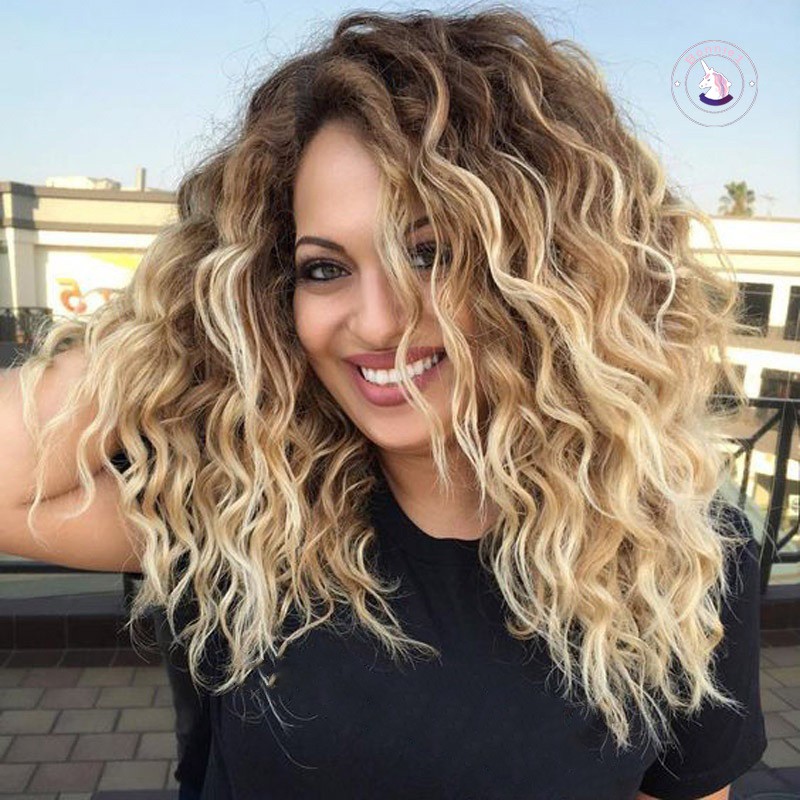 Women Blonde Short Curly Wig Synthetic Curly Wavy Hair Heat