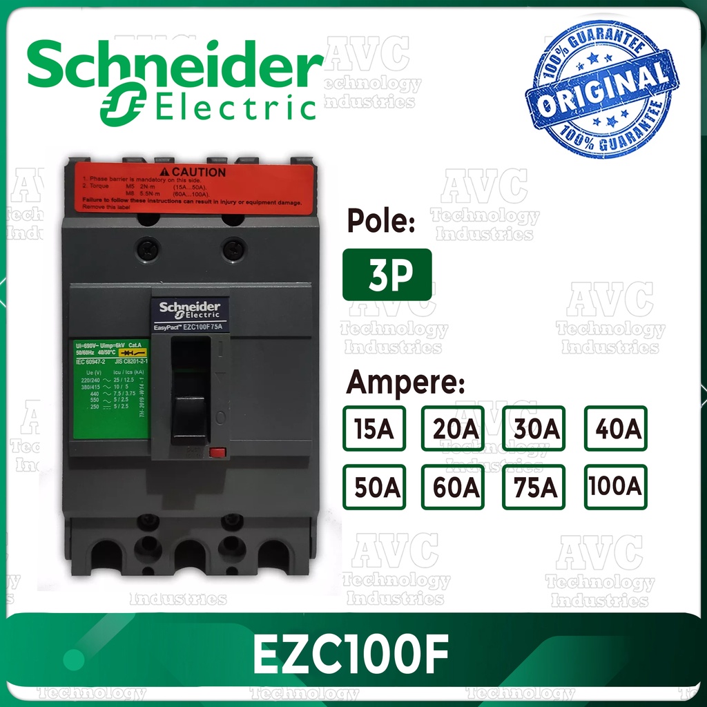 SCHNEIDER Easypact Circuit Breaker EZC100F 3P 15A 20A 30A 40A 50A 60A ...