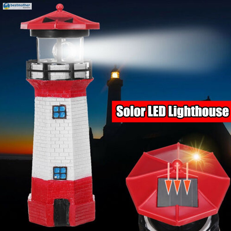 LED Solar Lighthouse Statue Rotating Light Garden Yard Walkway Garden Decor Lamp