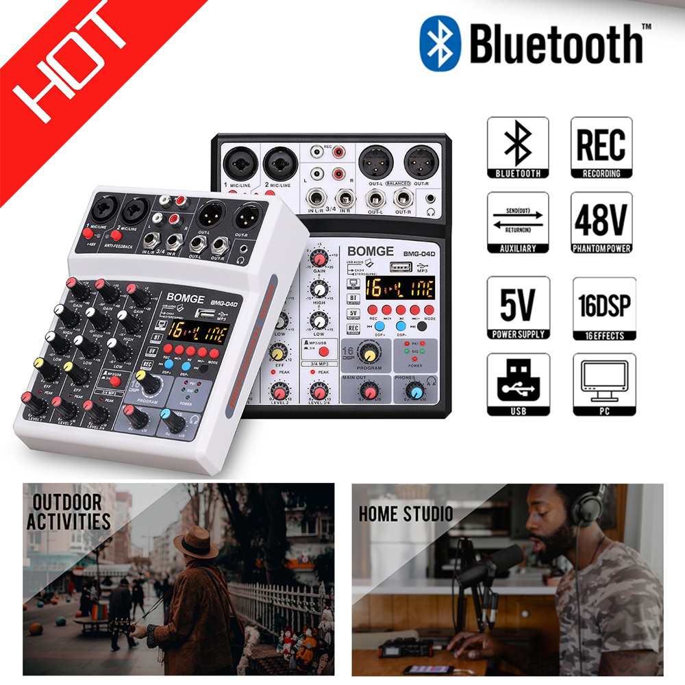 BOMGE 4 channel dj audio sound mixer with MP3 USB Bluetooth, stereo