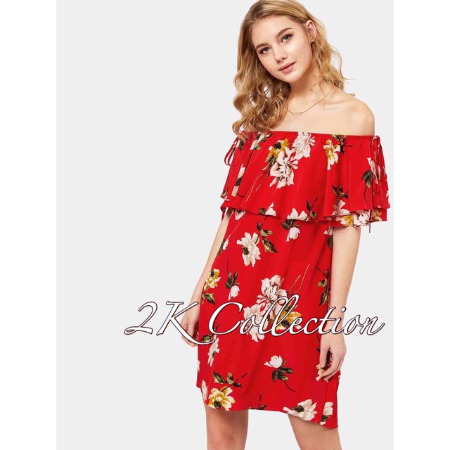 red off shoulder floral dress