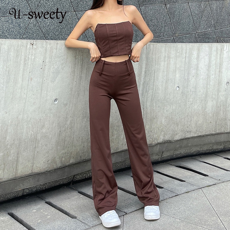 U Sweety Women Clothing Set Fashion Solid Color Sexy Off Shoulder Tube