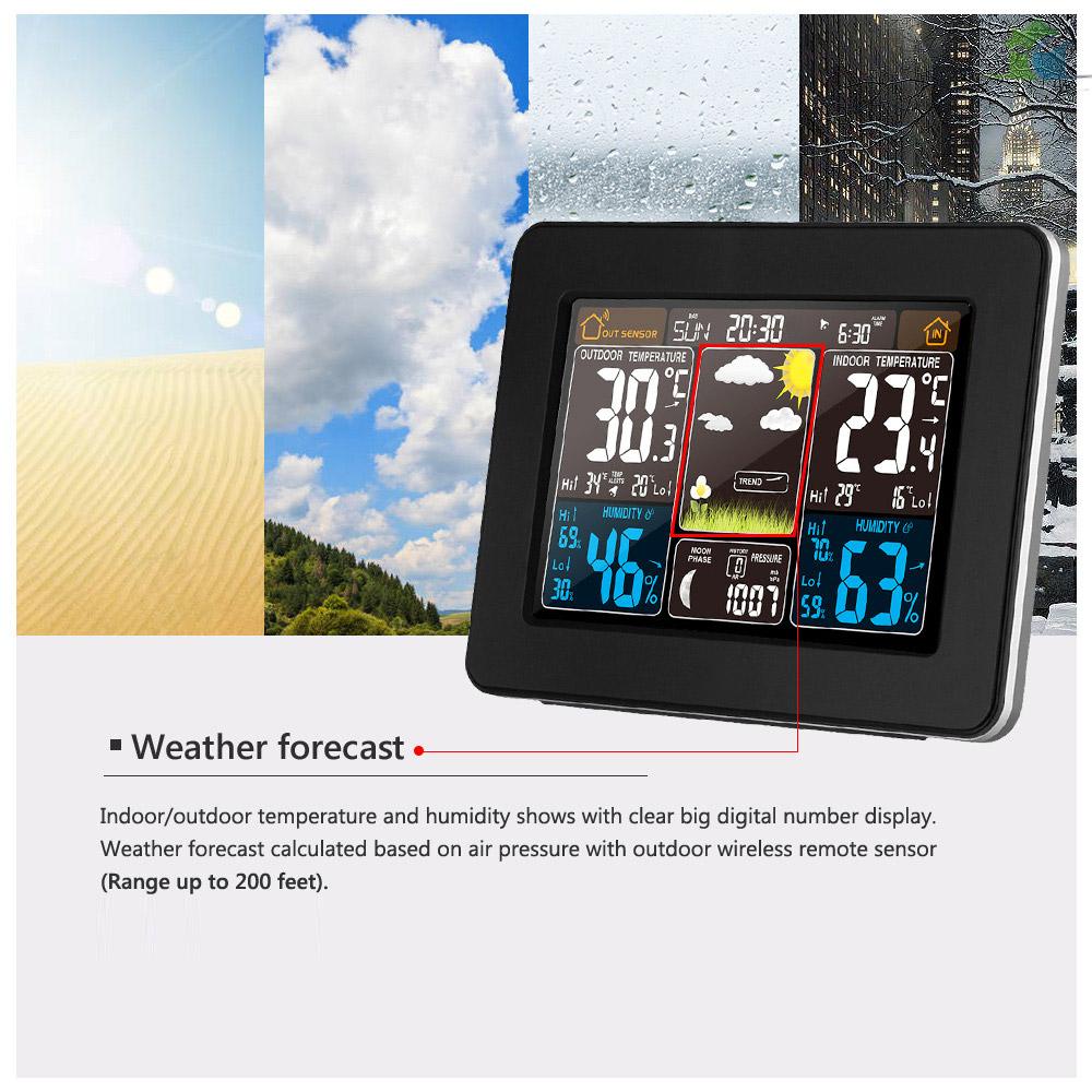 Lowest priceColor Weather Station Indoor/Outdoor Wireless Temperature Humidity Barometer Thermometer Hygrometer Electronic Desk Table Clocks Weather Forecast with Outdoor Sensor