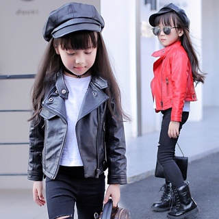 girls pu jacket rivet zipper cool jacket Leather clothing for girls 5-13 years oldClassic collar zipper leather motorcycle #4
