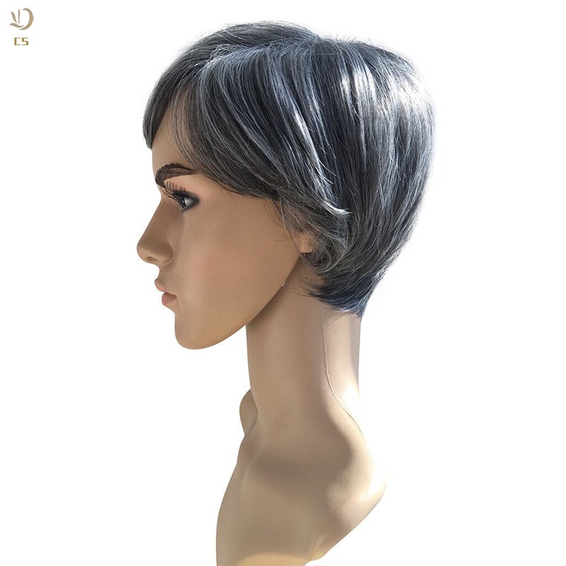 Men Mixed Color Wigs Short Hair Natural Black White Synthetic Hair