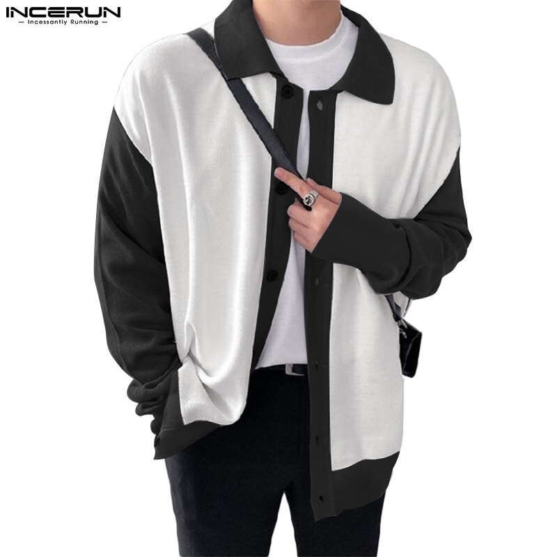INCERUN Mens Patchwork Button Down Long Sleeve Loose Knitted Outwear Kimonos