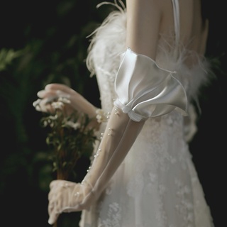Korean Style Wedding Gloves Long White Pearl Transparent Tulle Bridal Gloves