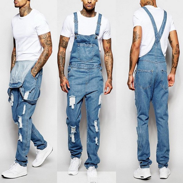 slim ripped denim overalls