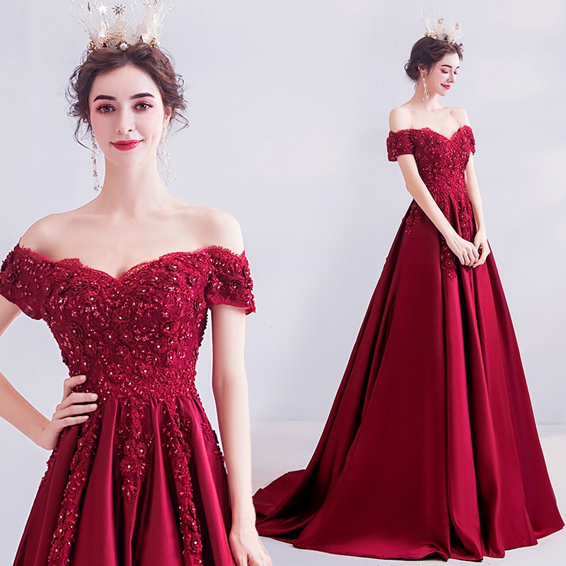 red off the shoulder evening dress