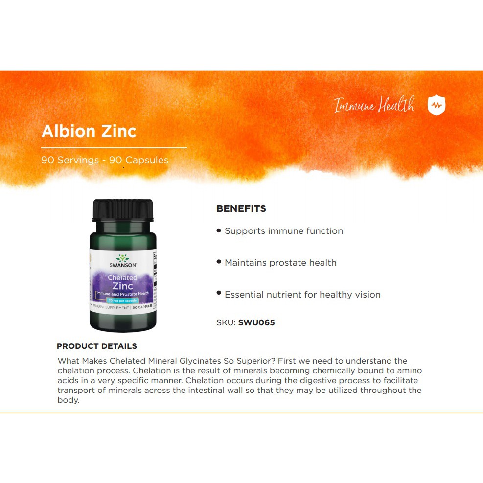 Swanson Albion Chelated Zinc 30 MG 90 Caps Immune and Prostate Health