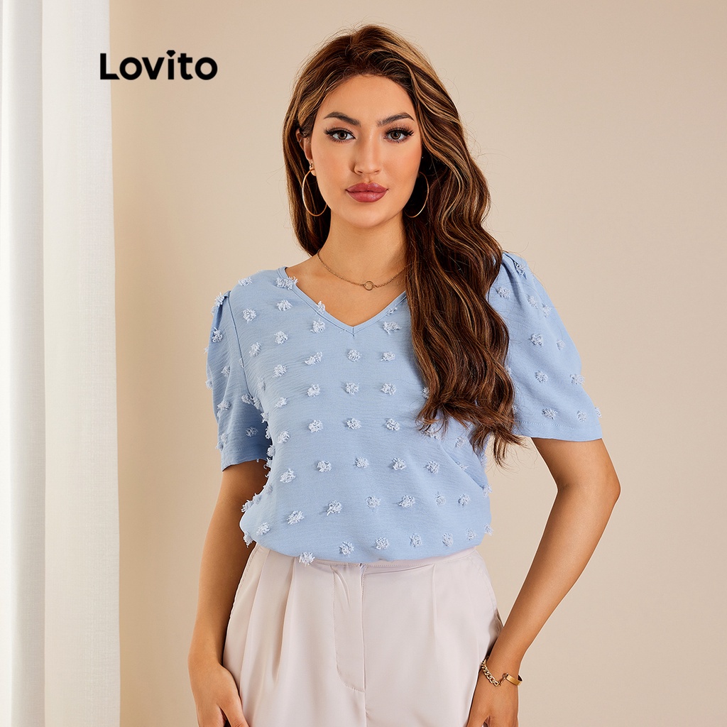 Lovito Elegant Plain Puff Sleeve V Neck Pom Blouses L22LD020 Light