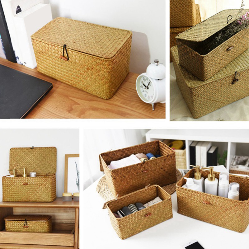 Seagrass Storage Basket With Lid Hand Woven Wicker Shelf - Temu