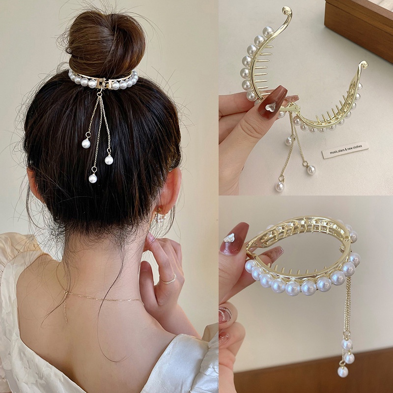 Highend Temperament Pearl Long Tassel Hair Clip Simple Pearl chain