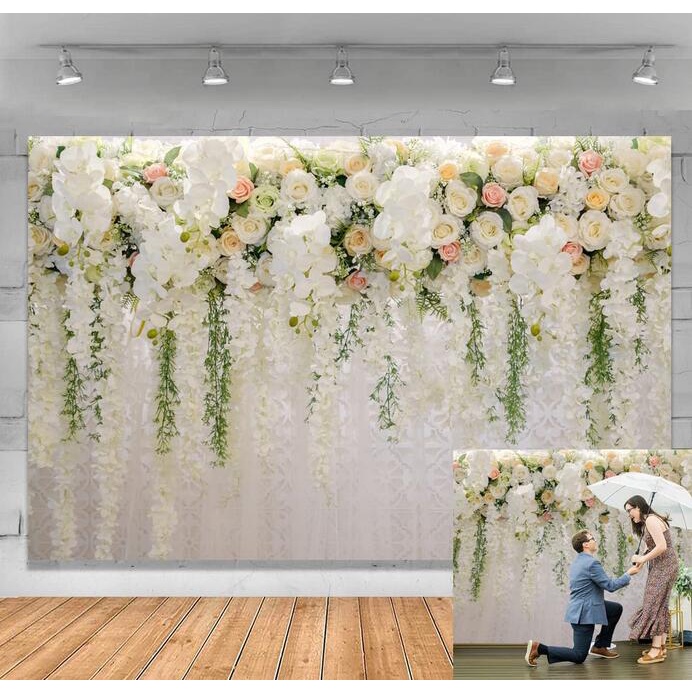 Wedding Floral Wall Backdrop White and Green Wisteria Rose Flowers Dessert Table Decoration for Wedding Bridal Shower Newborn Background Photography Vinyl 7x5ft