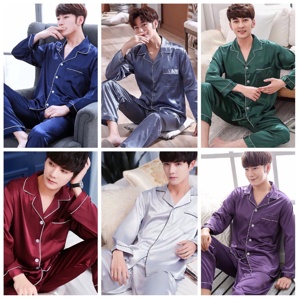 M 5XL Men Pyjamas Satin  Pajama Set Men Baju  Tidur  