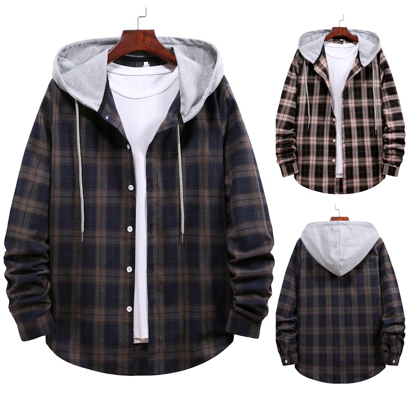 Men Casual Long Sleeve Hoodie Long Sleeve Shirt Hooded checkered Shirt ...