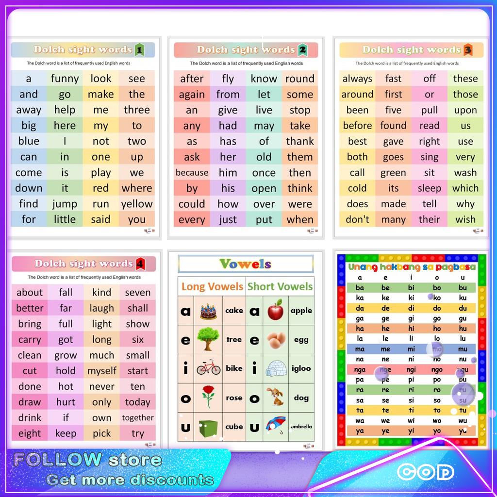 Laminated Charts For Kids Set E Bundle 6 Pcs Sight Words 1 4 Vowels Abakada Size 8 5x11 Inch S Shopee Philippines