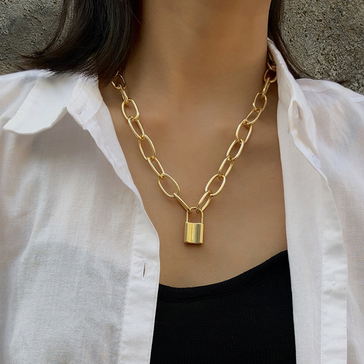 Korea Punk Necklace Gold Silver Personality Lock Pendant | Shopee 