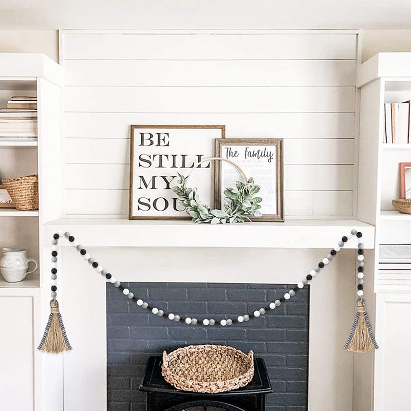2 Pack Black&White Wood Bead Garland Set with Tassel Rustic Farmhouse Tiered Tray Decorations Country Rustic