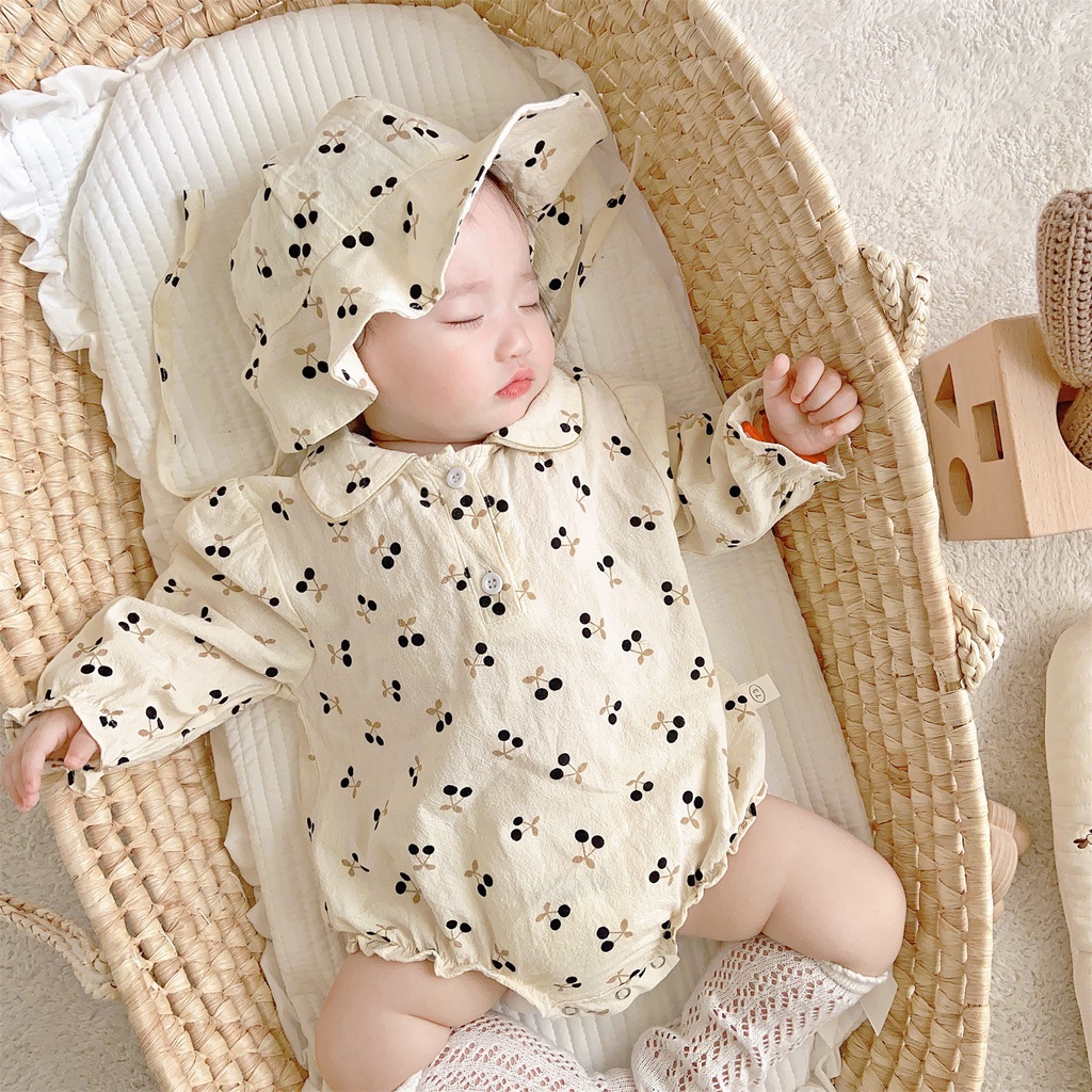 Christening Baby Clothes for Girl Cherry Onesies for Baby Girl Romper + Hat Long Sleeve Bodysuit Cotton Casual Infant Outfit for Birthday