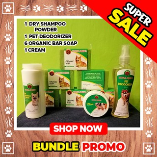 Little John's organic madre cacao soap, dry shampoo, pet deodorizer and cream package for dogs cats