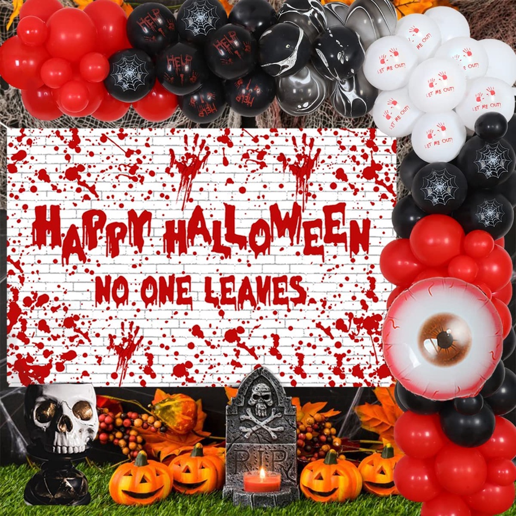 JOYMEMO Scary Halloween Party Decorations - Red Black Balloon Arch Kit Happy Halloween No One Leaves Bloody Backdrop Eye Foil Balloon Horrible Zombie Vampire Party Supplies
