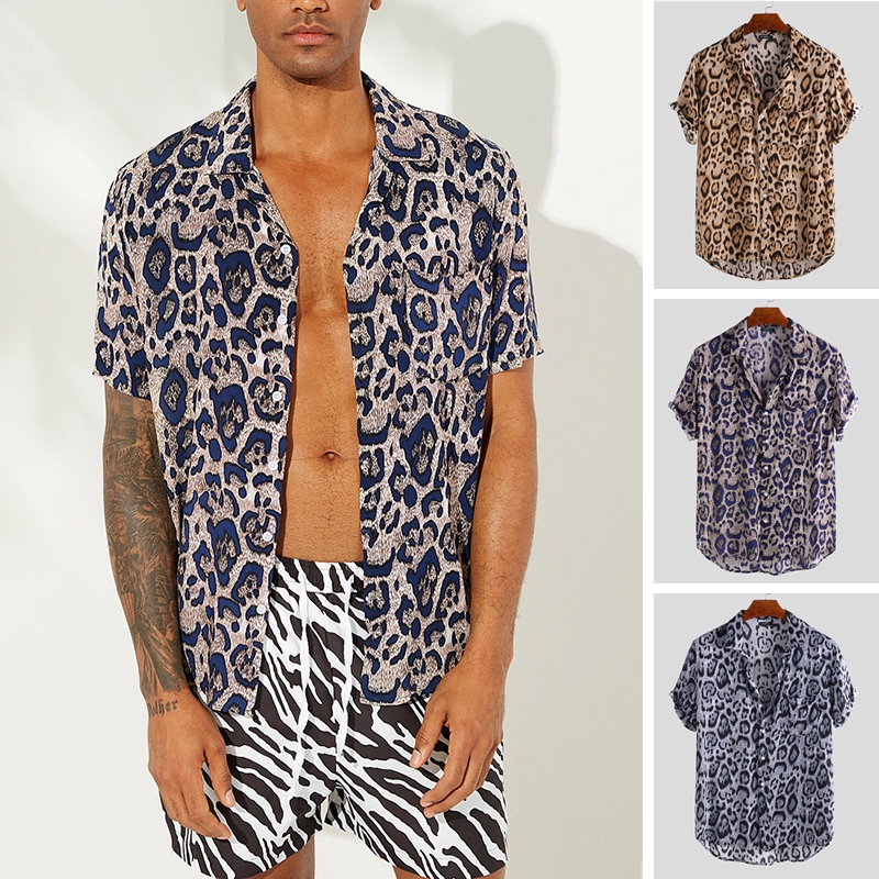 Men S Casual Leopard Button Down Short Sleeve Shirts Shopee Philippines - off shoulder leopard shirt roblox