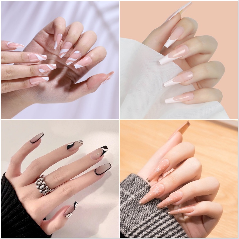 Ready Stock】24pcs fake nails with glue white line French long nail acrylic  nails Nude fake nails | Shopee Philippines