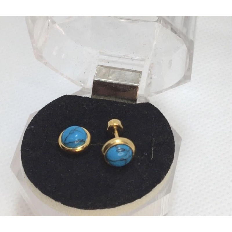 jem: 316L GoldTone Round Cut Turquoise Bezel Stud Earrings with Screw-Type Lock- 8mm