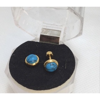 jem: 316L GoldTone Round Cut Turquoise Bezel Stud Earrings with Screw-Type Lock- 8mm #2