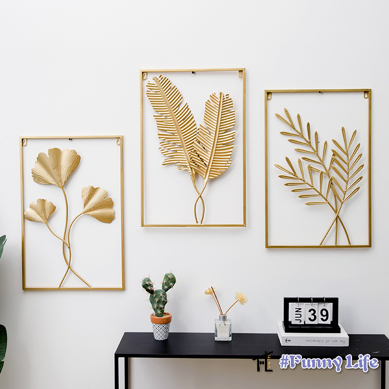 FL Metal Wall Decor with Square Frame, Metal Leaf Wall Art Decor Gold