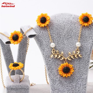 HW Fashion Bohemia Sunflower Earrings Necklace Ring Bracelet Set Creative Dangle Jewelry Gift Kit