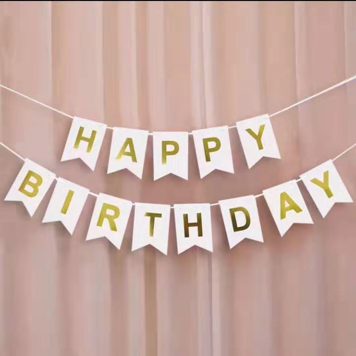 Happy Birthday Banner White Golden Embossed Alphabets ...