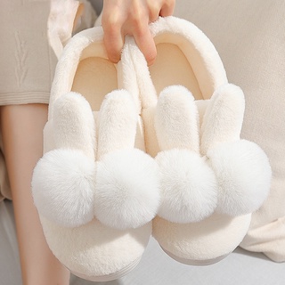 Plush Rabbit Ears Fluffy Faux Fur Warm Cover Heel Home Slippers Women Indoor Flat Shoes Winter Outdoor Cotton Slides