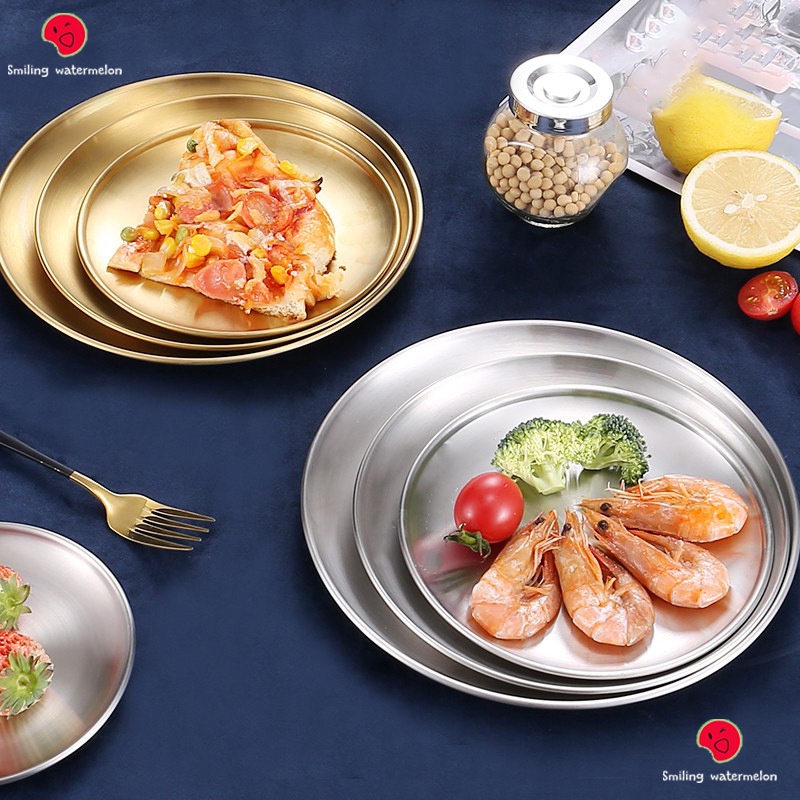 Korean Barbecue Dish Gold Silver Dinner Plate Stainless Steel Round Tray Fruit Plate Cake Plate