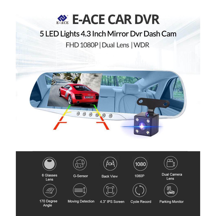 Dash Cam-A50 Car Camera FHD 1080P 5 Infrared Front Night Super Clear Rearview Mirror 4.3-Inch Screen