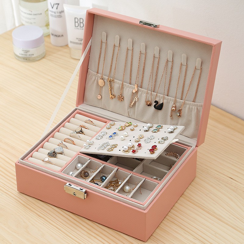 2 Layer Leather Jewelry Box Lockable Jewelry Organizer Storage Display Case Gift 