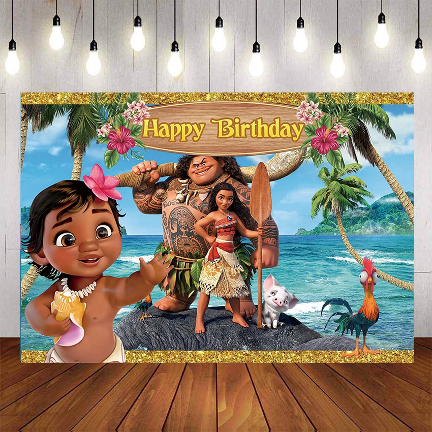 Little Baby Moana Princess Backdrops Cartoon Girls Birthday Party Photography Flower Sea Coconut Tree Backgrounds Photocall Custom Text 270