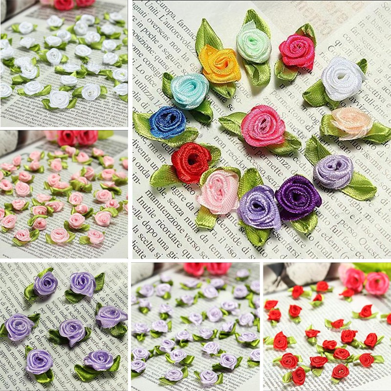 50PCS Mini Satin Ribbon Rose Flower Leaf Wedding Appliques Sewing DIY Decor 