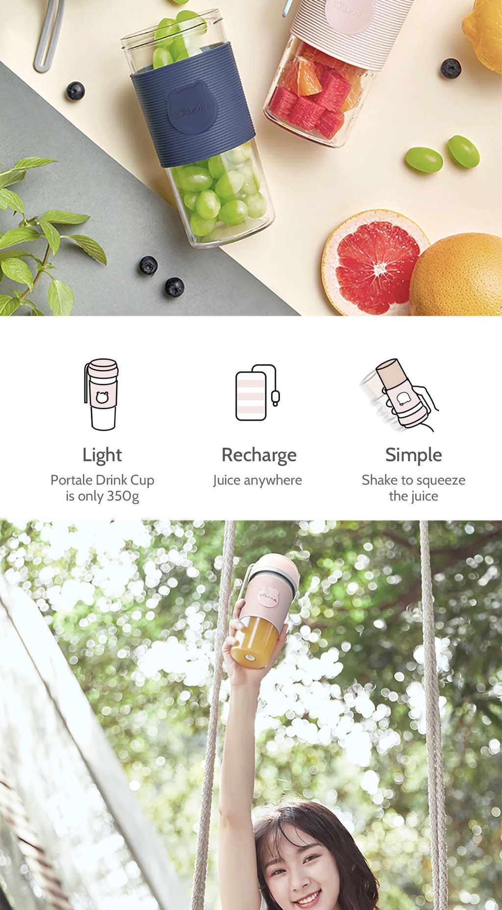 Bear Portable Mini Juicer Multifunctional Drinking Cup Rechargeable Blender 300L Capacity 50W 