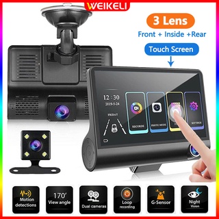 3 Cameras Car DVR Full HD 1080P Dual Lens Camera Video Recorder Touch Screen G-Sensor Dash Cam Front and Rear Inside with 170 Degree Rear View