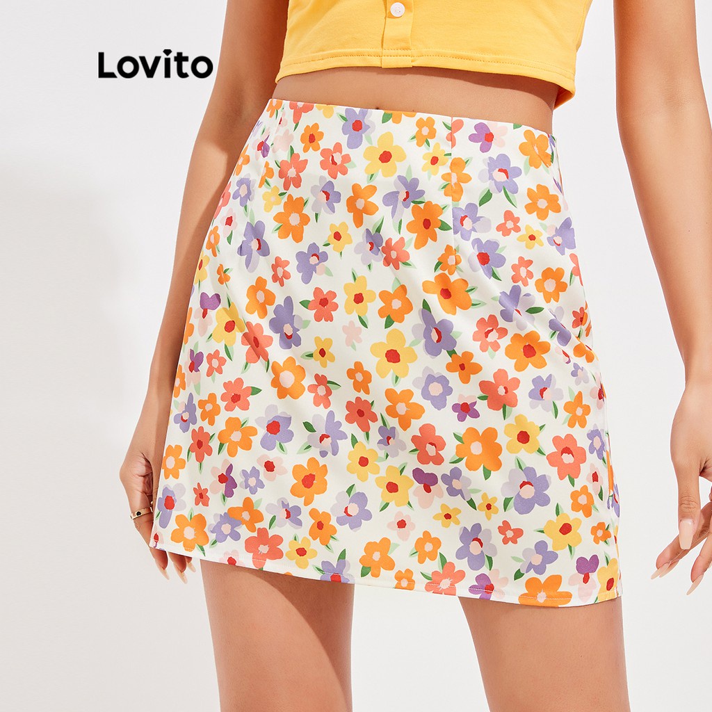 Lovito Vintage Floral Print Basic Skirts L16D012(Orange) Shopee