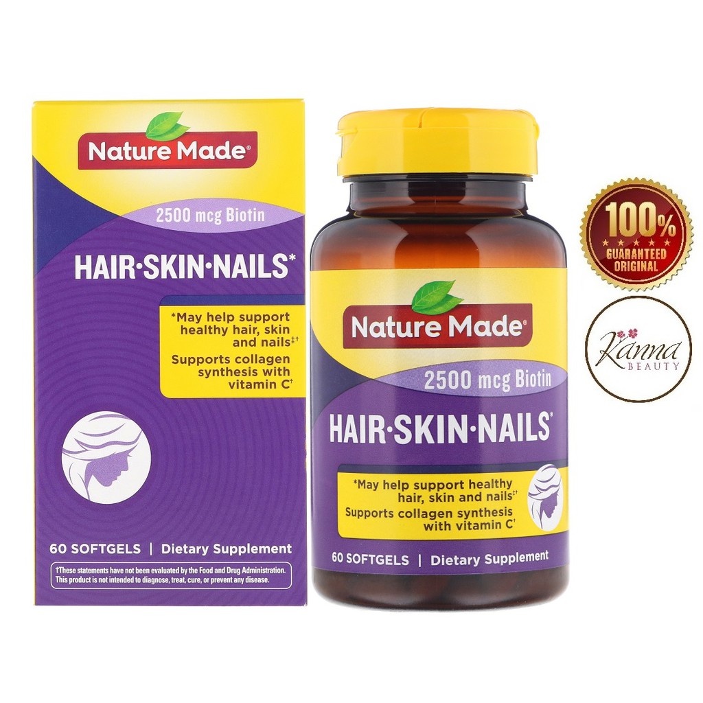 Nature Made 2500 mcg Biotin Hair, Skin & Nails 60 Softgels | Shopee ...