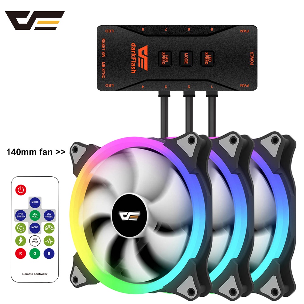 darkFlash Computer PC Case Fan 140mm RGB LED Speed Adjust 3pin 5V 4pin Power IR Remote AURA SYNC