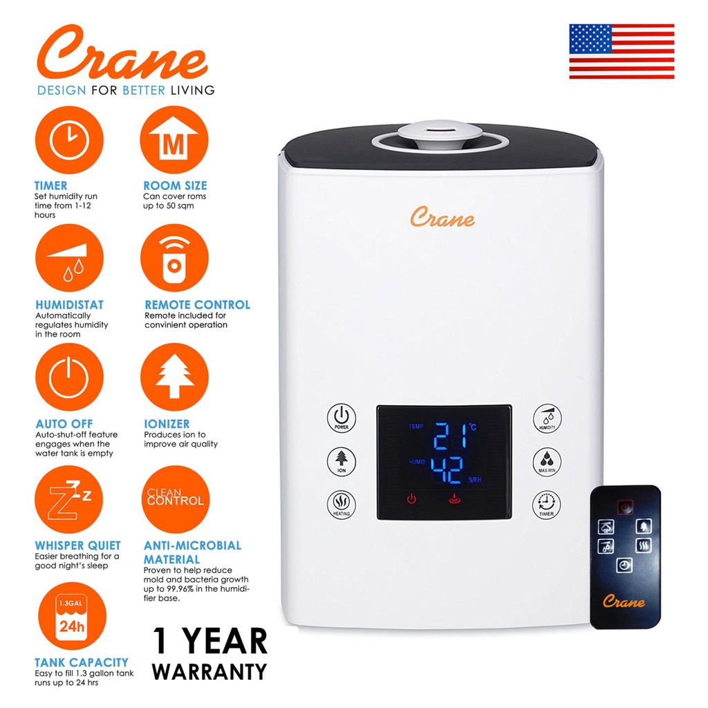 Crane Digital Ultrasonic Warm And Cool Mist Humidifier For Cough Colds