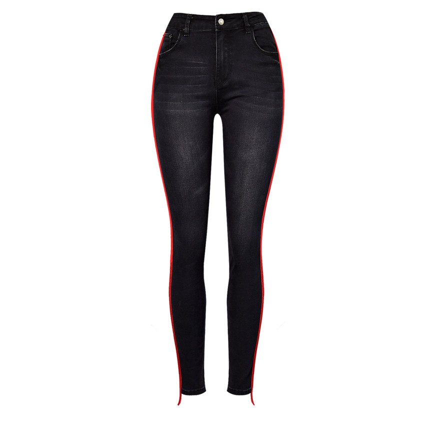 black jeans with red side stripe