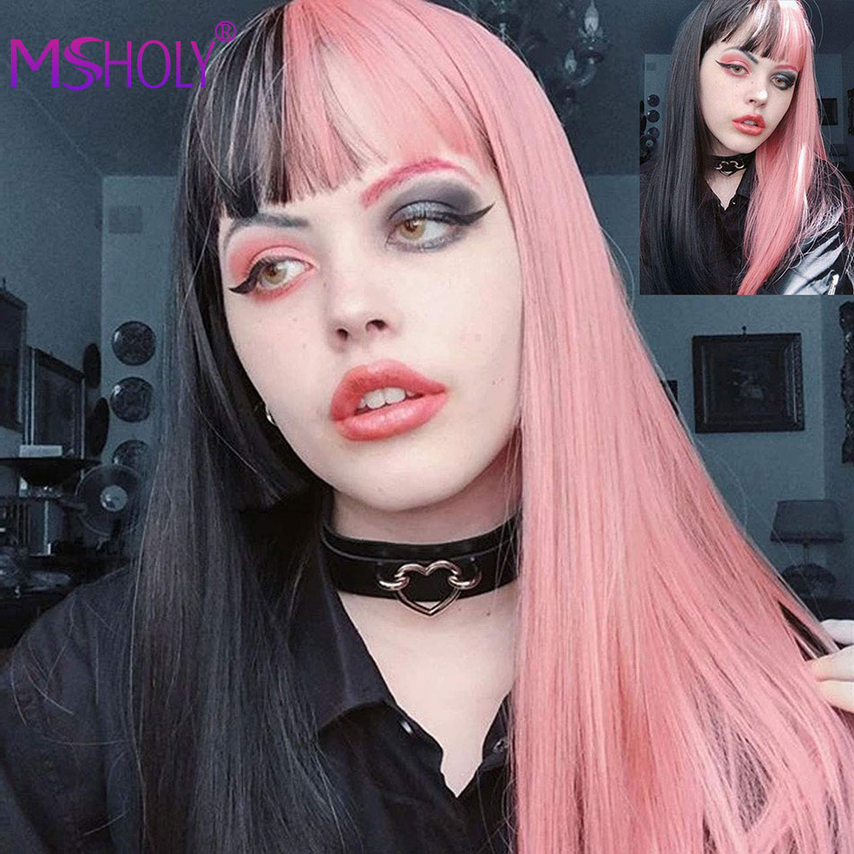 Pink And Black Wig With Bangs Green Gray Long Straight Hair Wig Cosplay Ombre Synthetic Hair Wigs Fo Shopee Philippines