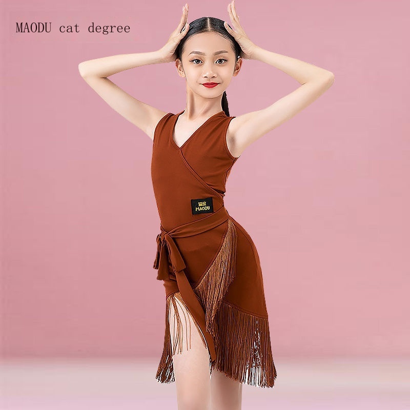 Cha-Cha Children S Latin Dance Practice Clothes Sleeveless Dress Female Professional Tassel Competition Performance