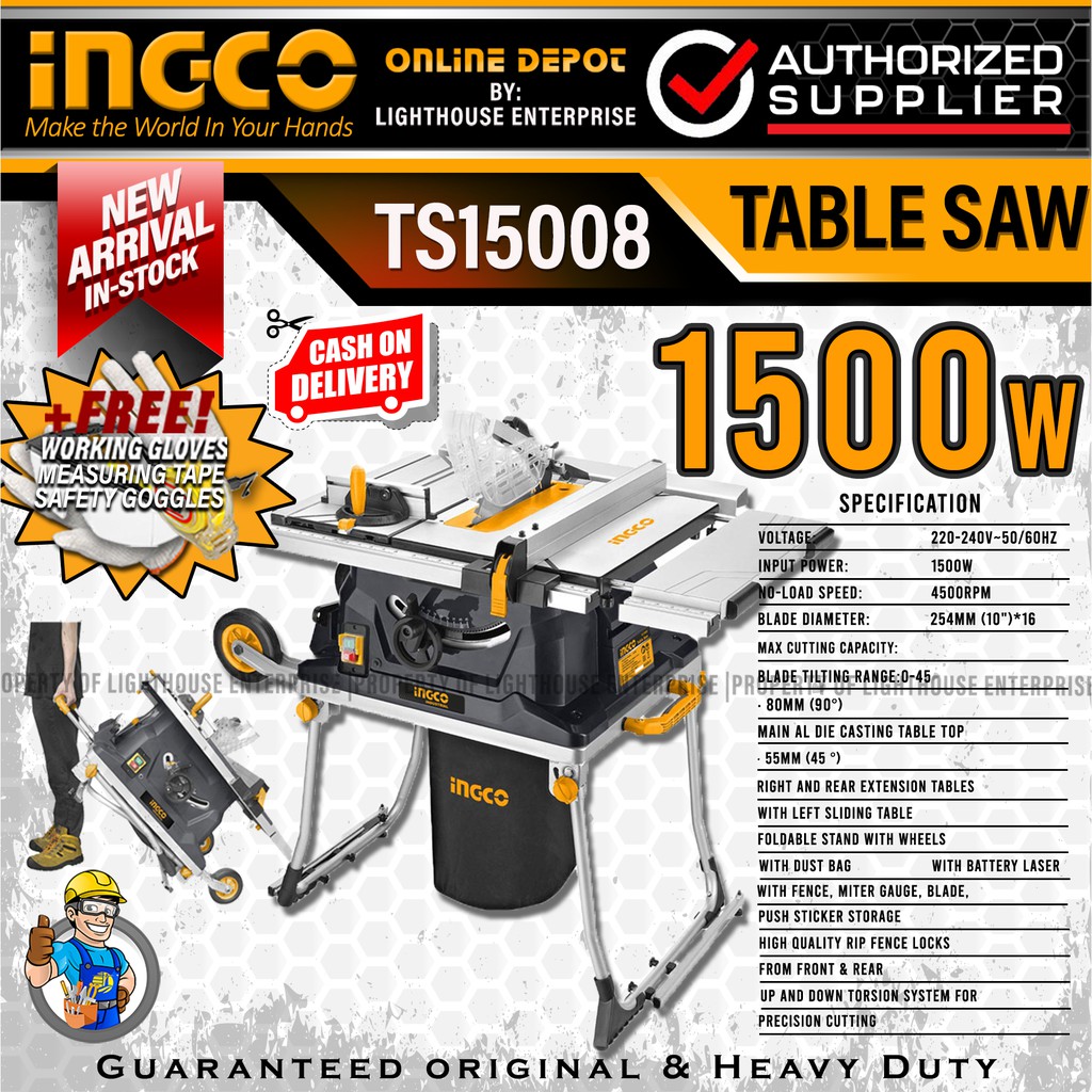 INGCO 1500W Industrial Laser Guide Foldable Table Saw Heavy Duty Class