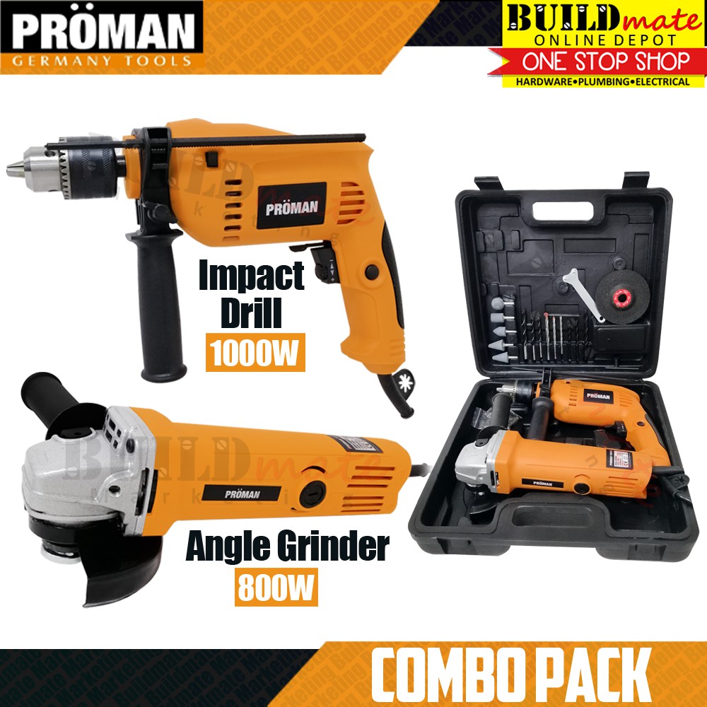 PACK] Proman Angle Grinder & Electric Hammer Impact Drill with Case Accessories